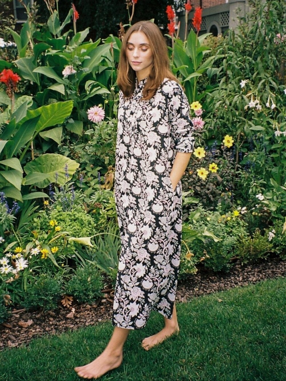 Mille Sadie Long Sleeve Caftan Dress In Tropical Night Floral Cotton Voile